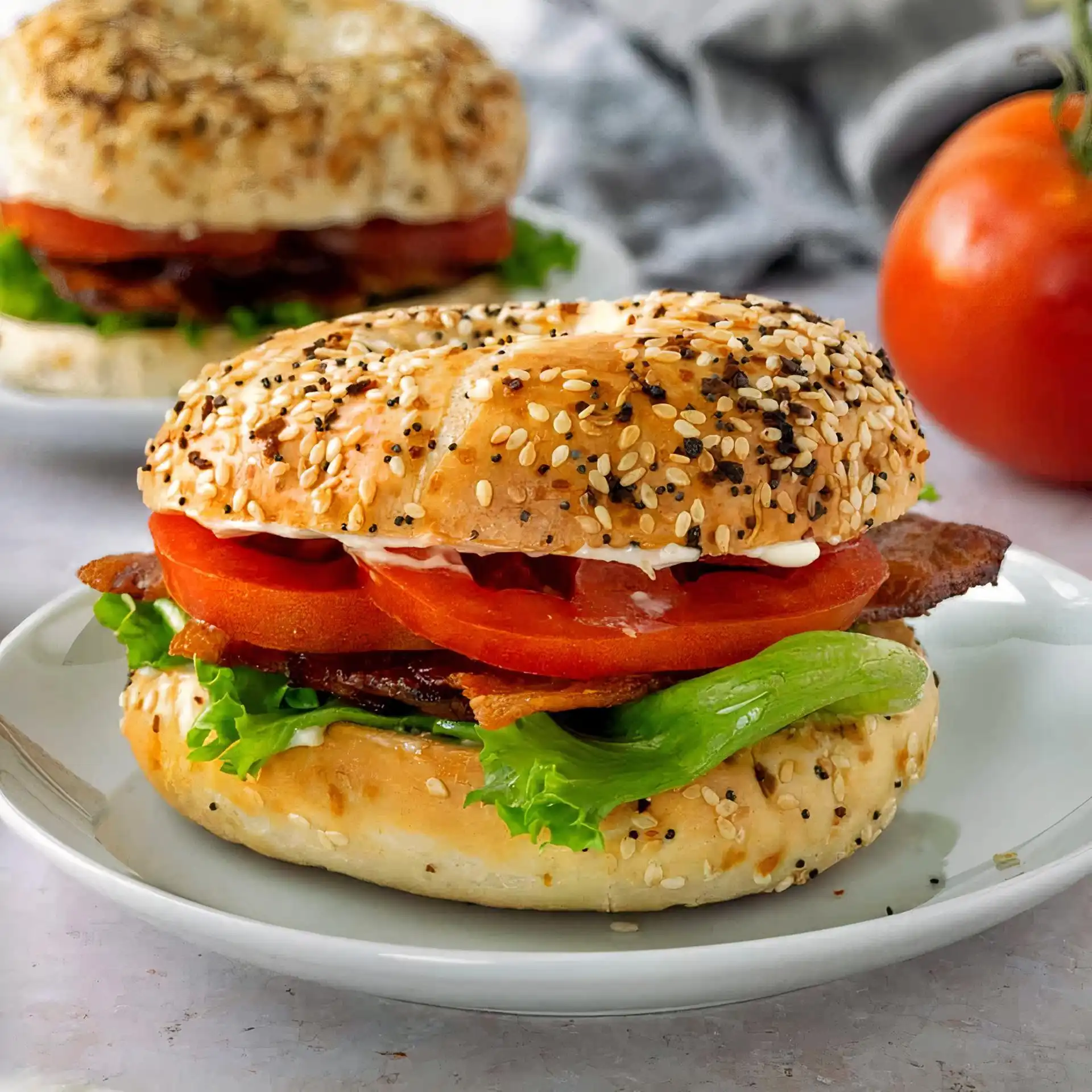 BLT sandwich on a fresh sesame bagel